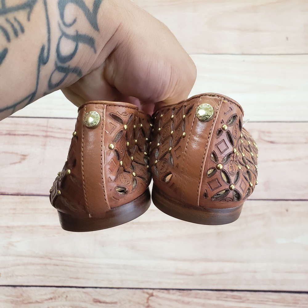 Michael Kors Shoes Womens Size 9M Brown Laser Cut Studded Flats Leather MK Logo - Picture 7 of 9